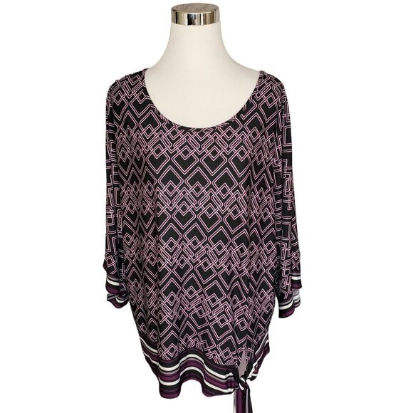 PerSeption Black Purple Geometric Scoop Neck Kimono Sleeve Plus Size 2X Blouse - Picture 2 of 9